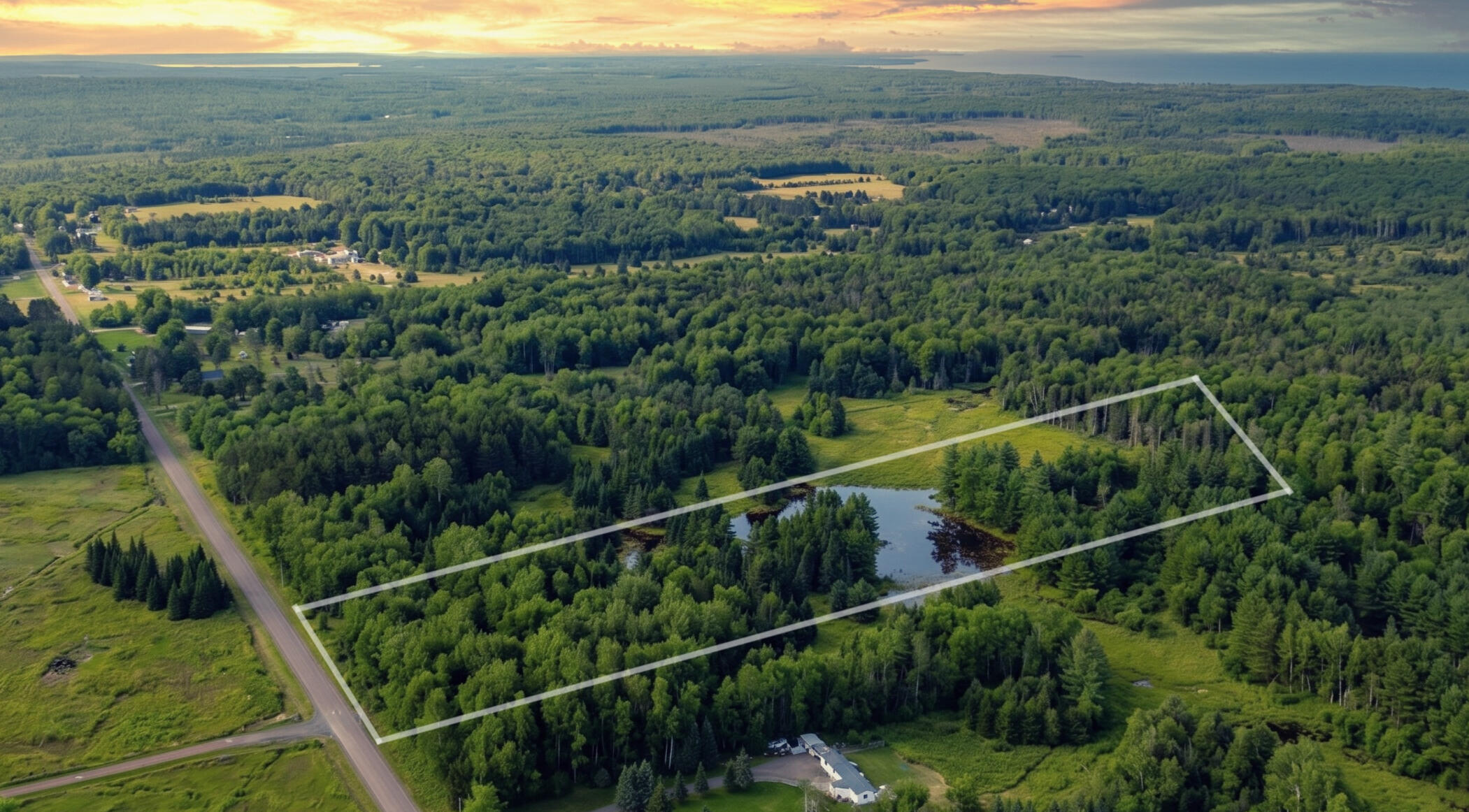 Aerial view of 9.88 acres on Bellaire Rd near Baraga, Michigan